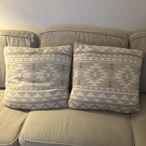 Geometric Patterned Beige and White Throw Pillows